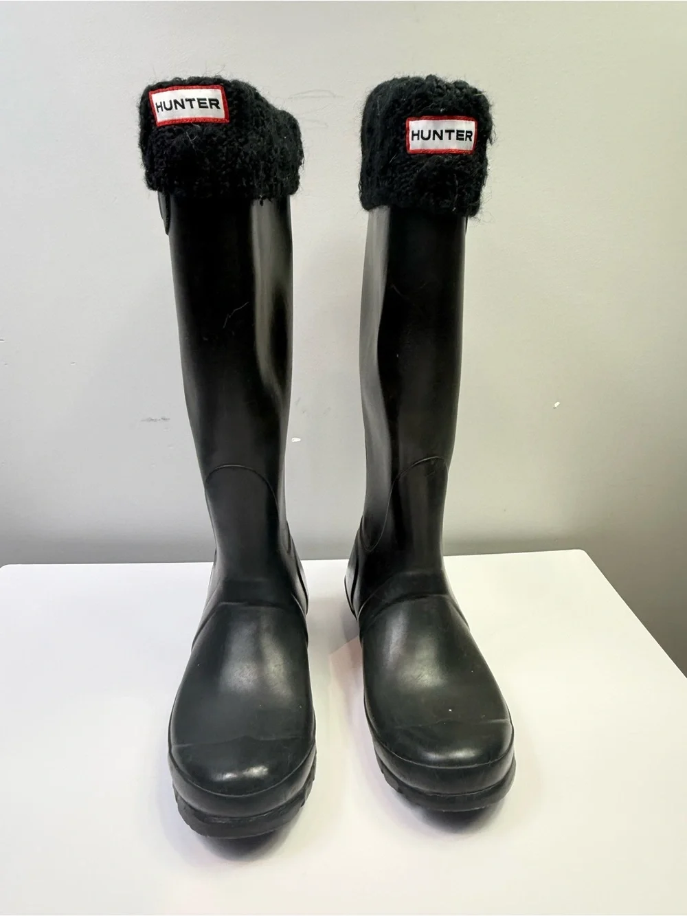 Hunter Original Tall Rain Boots Black w/ Knit Cuff Socks Size 7 / EU 38